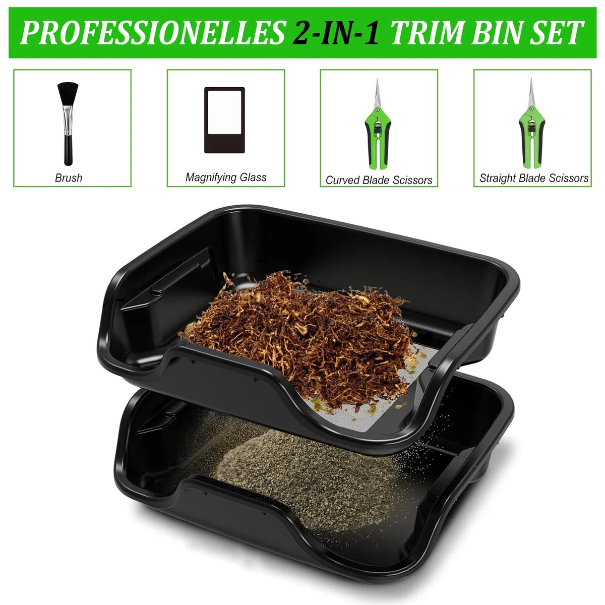 Juego de bandeja de corte premium con colador de polen de 150 micras, bandeja ergonómica y bandeja de recorte, incluye 2 tijeras, lupa y cepillo, bandeja para recortar polen y hierbas, cuenco de