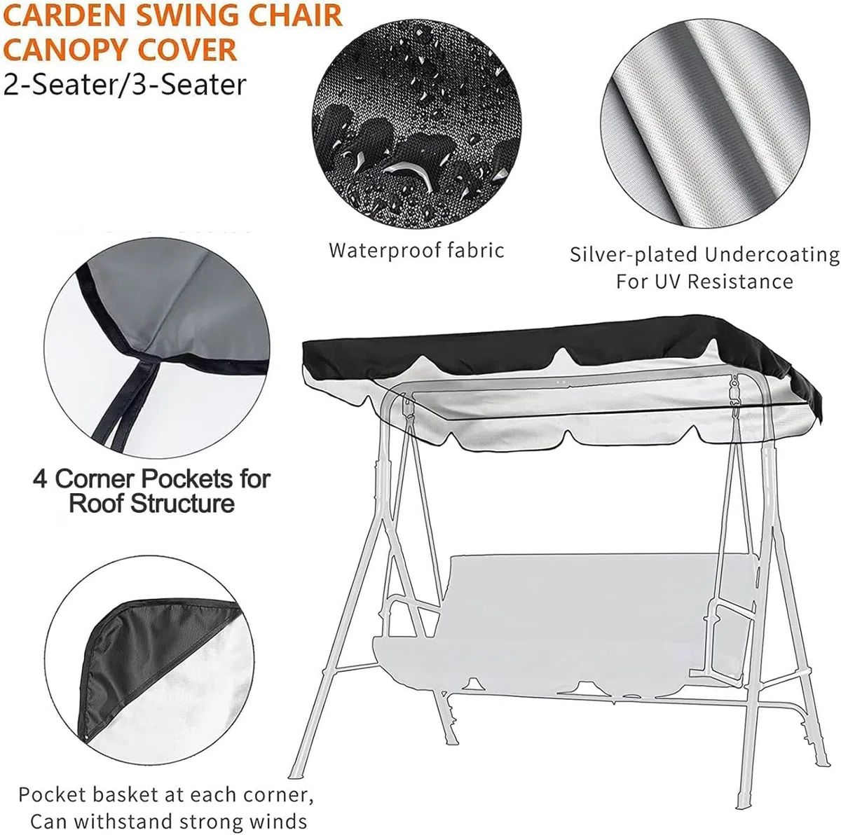 Toldo Universal de Repuesto para Columpio de Patio 3 plazas,Impermeable Techo de Repuesto Balancin Jardin con Tela Oxford Recubierta de Plata 210D (Size:195 * 125 * 15cm,Color:Rojo)