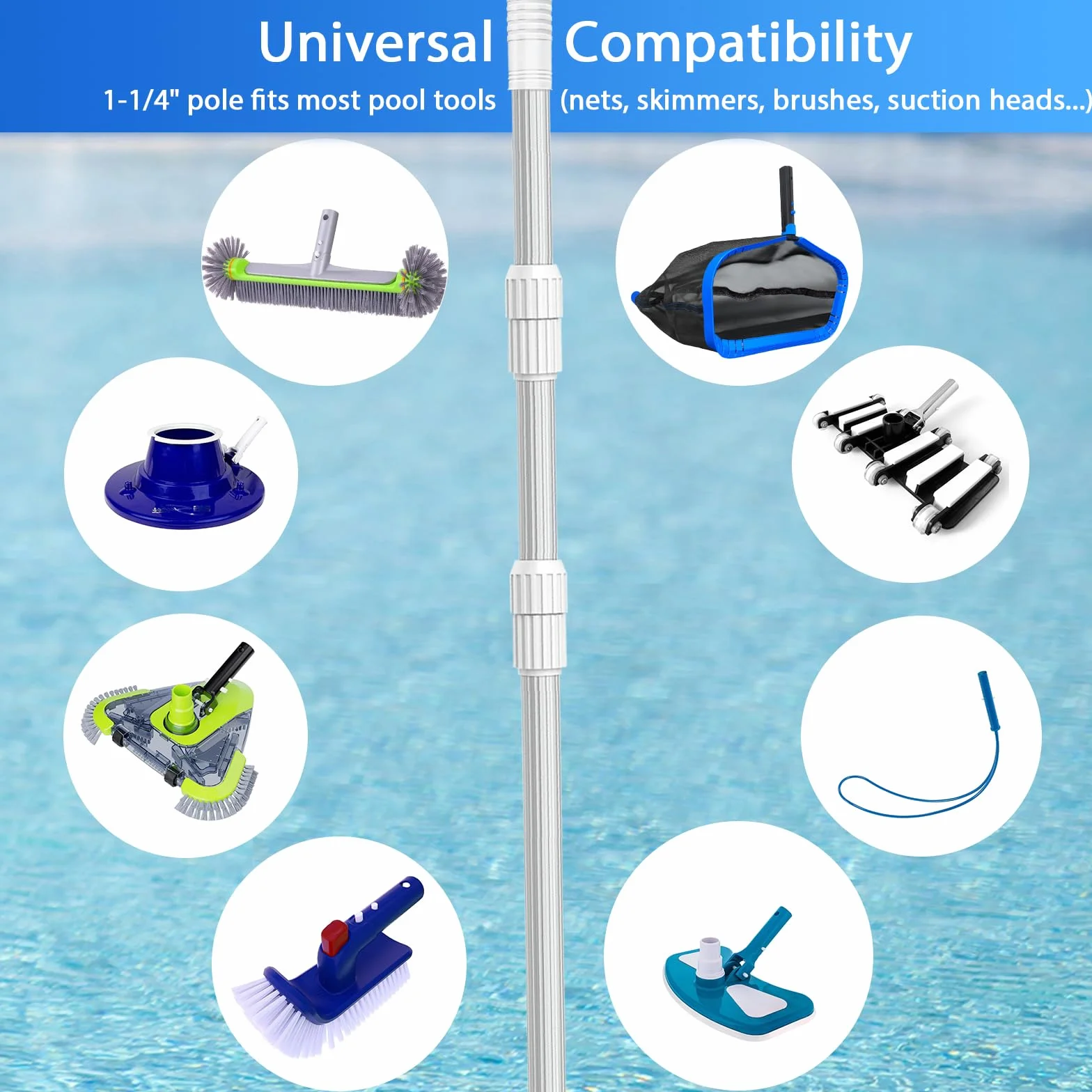 Barra Telescópica Piscina Aluminio 3 Piezas, Regulable 1,4-3,65m | Poste Limpieza Stable & Robusto (1,2mm) para Red Skimmer, Recogehojas, Cepillo, Cabezal Succión