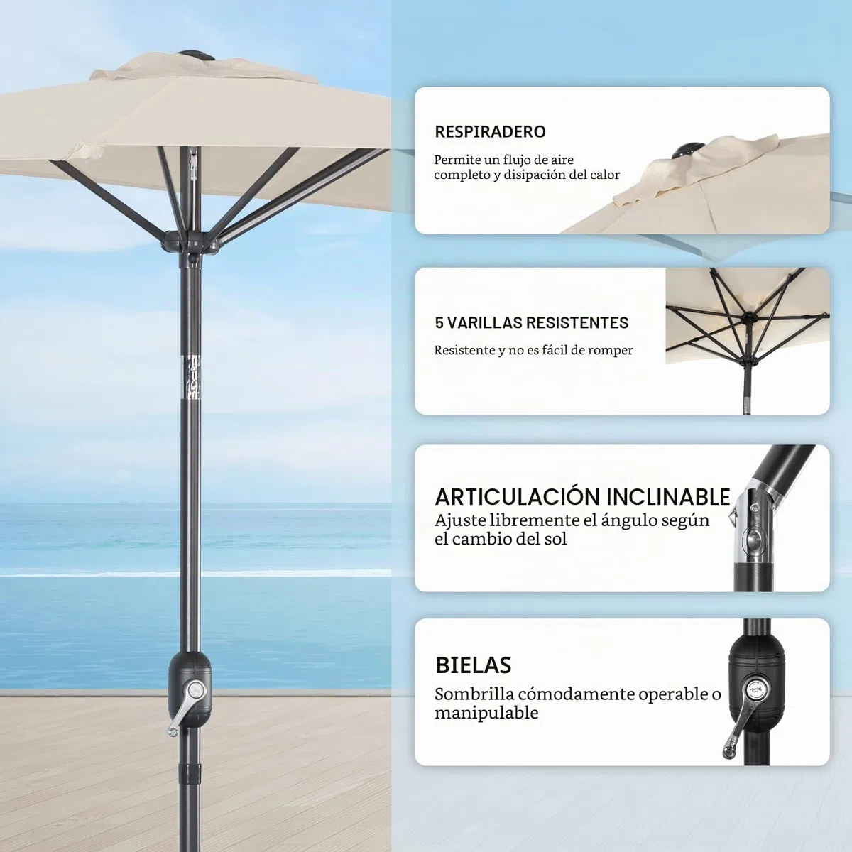 Angel Living Half Circular Parasol, Sombrilla Semicircular 250cm de Acero, Mástil Central de Acero de 38 mm, Para Jardín Patio Balcón