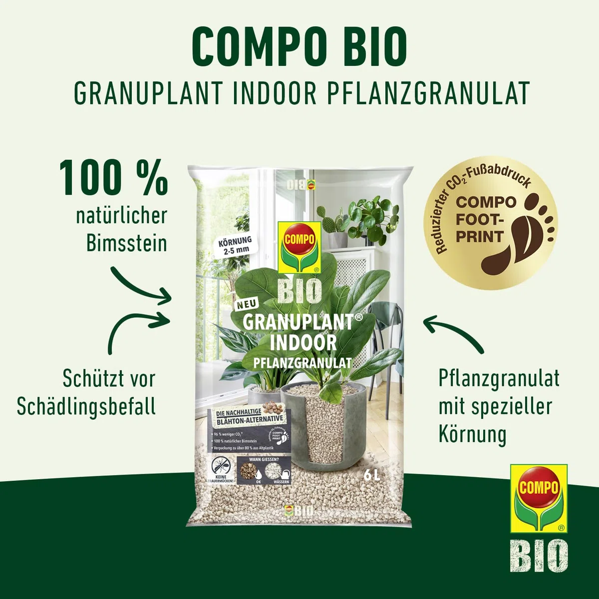 COMPO Gránulos orgánicos para Plantas de Interior – 100% Natural de Piedra pómez – Grano de 2 – 5 mm – 6 L