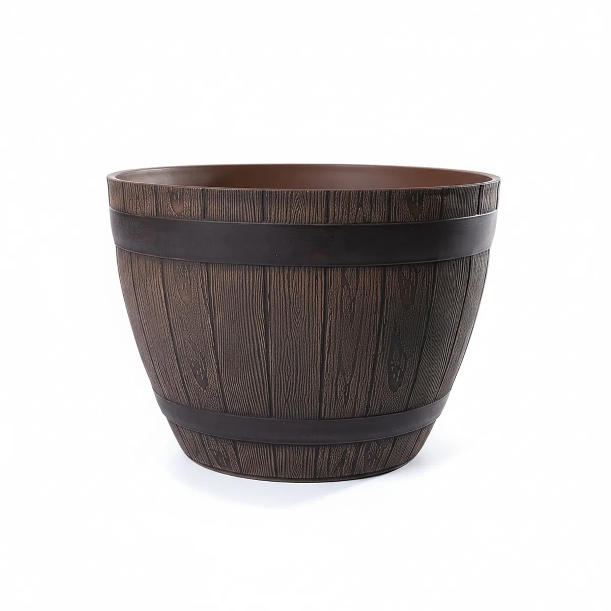 Macetero Grande Exterior de Plástico Efecto Madera - Color Castaño - Diseño Media Barrica - Ø 38 cm 19L - Maceta Resistente para Jardín, Terraza y Hogar