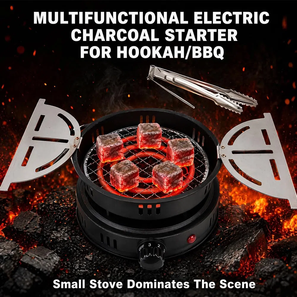 RANJIMA Encendedor de carbón para shisha eléctrico, parrilla de carbón con pinzas, 1000 W, encendedor de carbón eléctrico para carbón, cable exterior, accesorios eléctricos, encendedor de carbón de