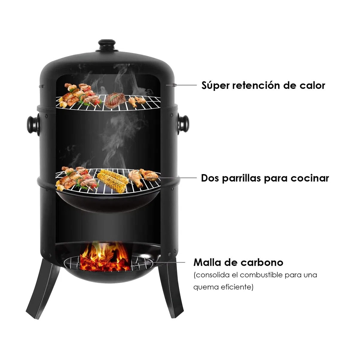 Barbacoa Ahumador, Barril y Horno Para Ahumar, 3 en 1 Barbacoa Smoker, Parrilla con Termómetro Integrado y Enganchados, Para Ahumar, Asar a la Parrilla y Cocinar