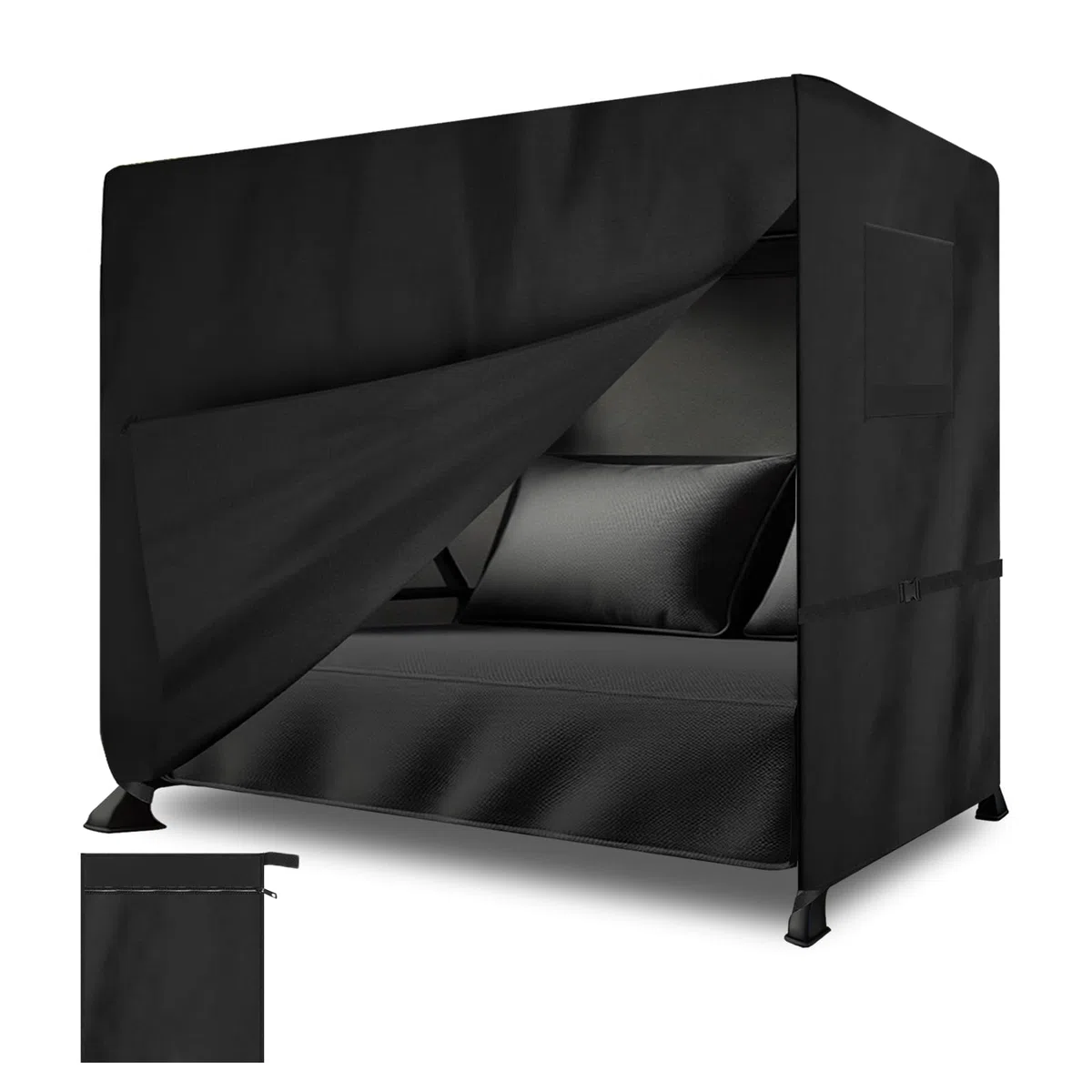 Funda para columpio de Hollywood, 210 x 125 x 170 cm, resistente al invierno, 3 – 4 plazas, resistente a desgarros, tejido Oxford para muebles de jardín, columpio de jardín (negro)