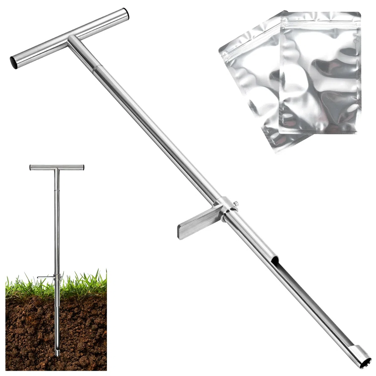 Sonda de Muestreo de Suelo, 91 Mm Muestreador de Suelo Sonda Pedal de Pie Tubular de Acero Inoxidable con 2 Bolsas de Muestras Reutilizables para Cuidado de Plantas y Jardinería