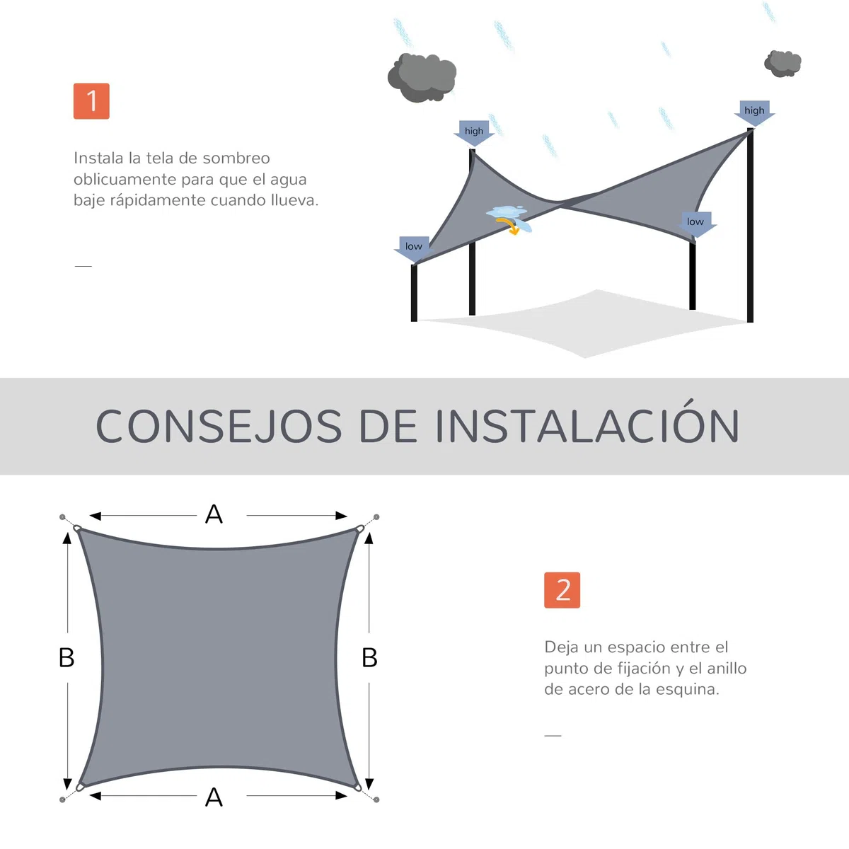 Outsunny Toldo Vela de Sombra Rectangular 4x6 m Toldo de Terraza de HDPE con Anillo de Acero Inoxidable y Cuerdas para Jardín Patio Gris