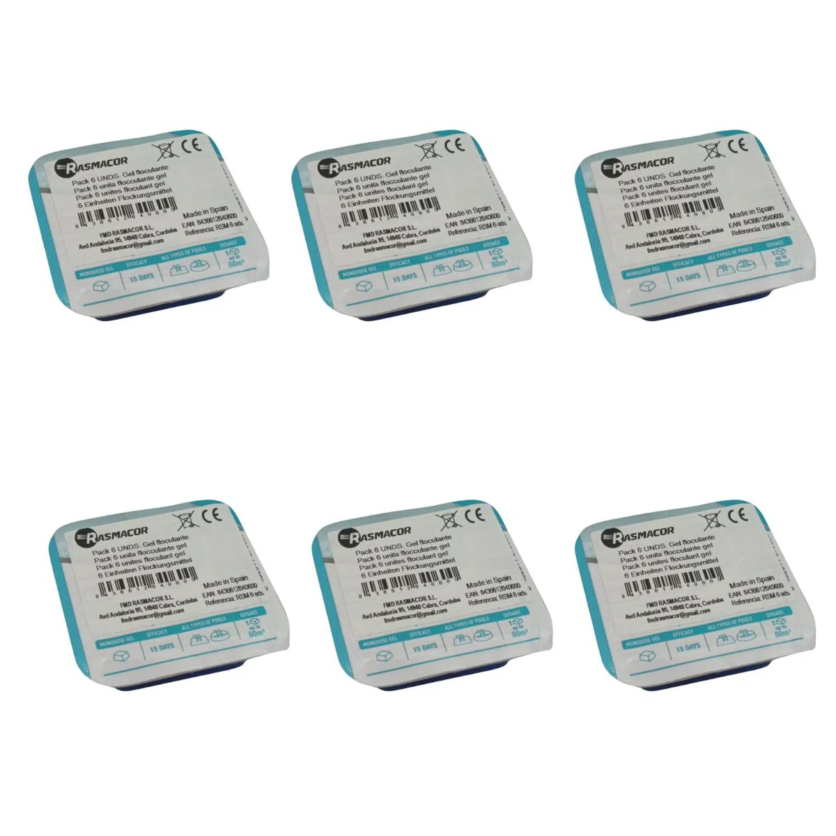 RASMACOR Pack 6 Unidades Floculante Gel monodosis | Gel para Piscina | Limpiador y clarificador de Agua para Piscinas | Transparencia Total del Agua | Distribuido