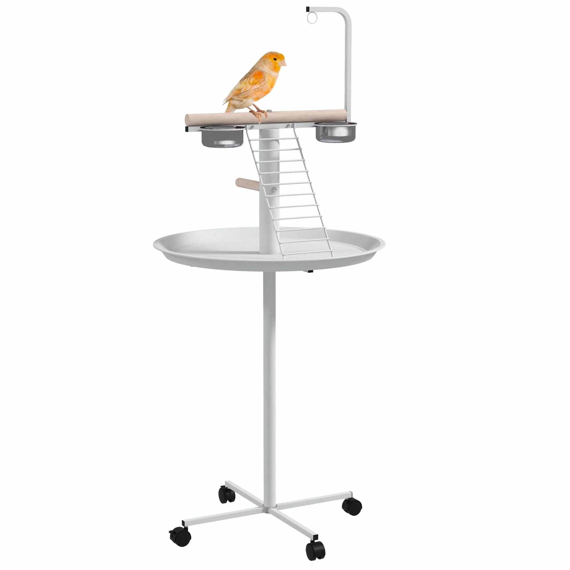 PawHut Comedero de Pájaros para Exterior con Ruedas Ø60x138 cm Comedero para Pájaros de Pie con 2 Cuenco de Acero Inoxidable y 2 Perchas para Jardín Terraza Blanco