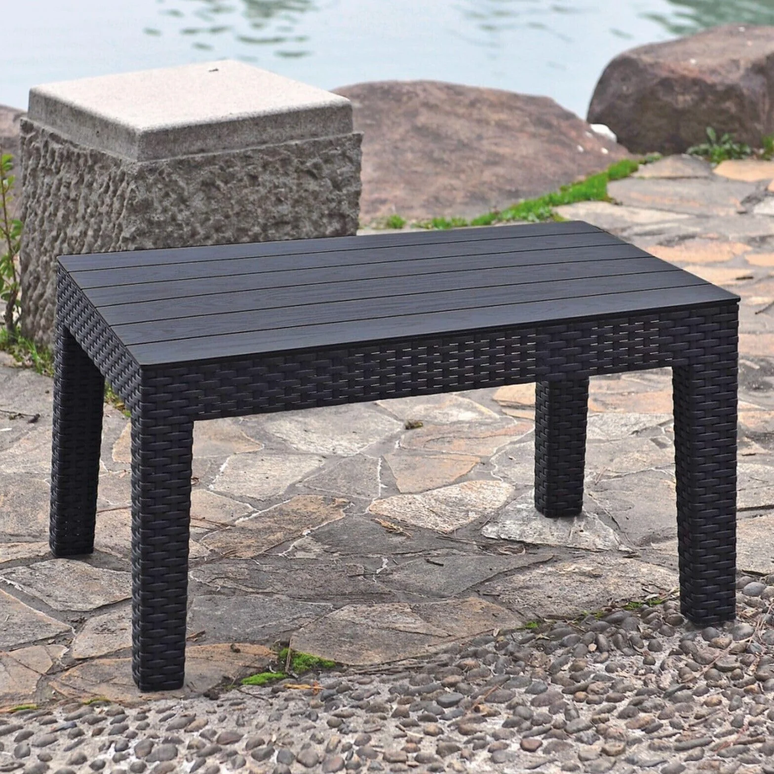 URBN GARDEN Mesa de centro de ratán negro con aspecto de madera, para exteriores, bistró, jardín, balcón, patio