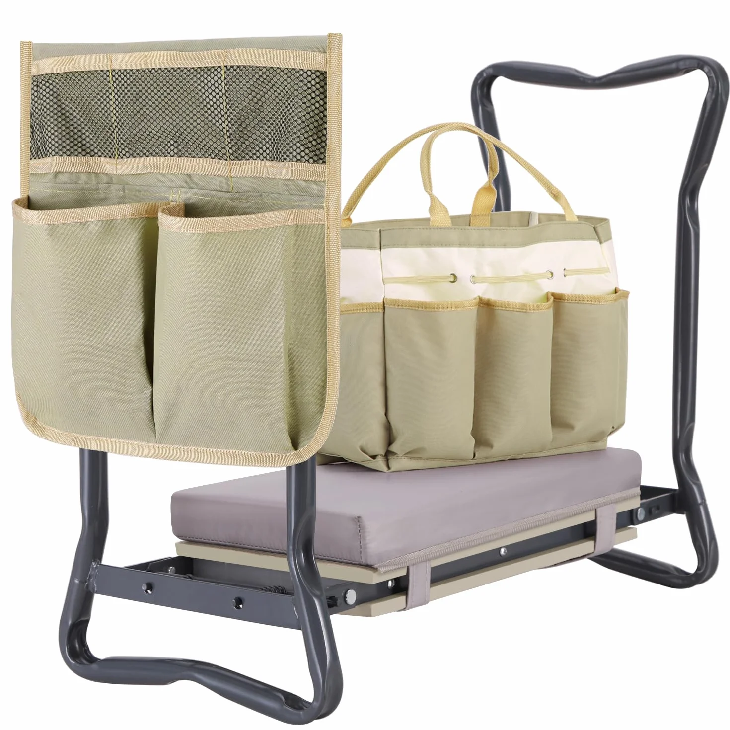 Ohuhu Taburete de jardinería plegable 2 en 1 mejorado con almohadilla suave desmontable, banco de jardín resistente con bolsa de herramientas grande y bolsa, regalos para mujeres, hombres, personas