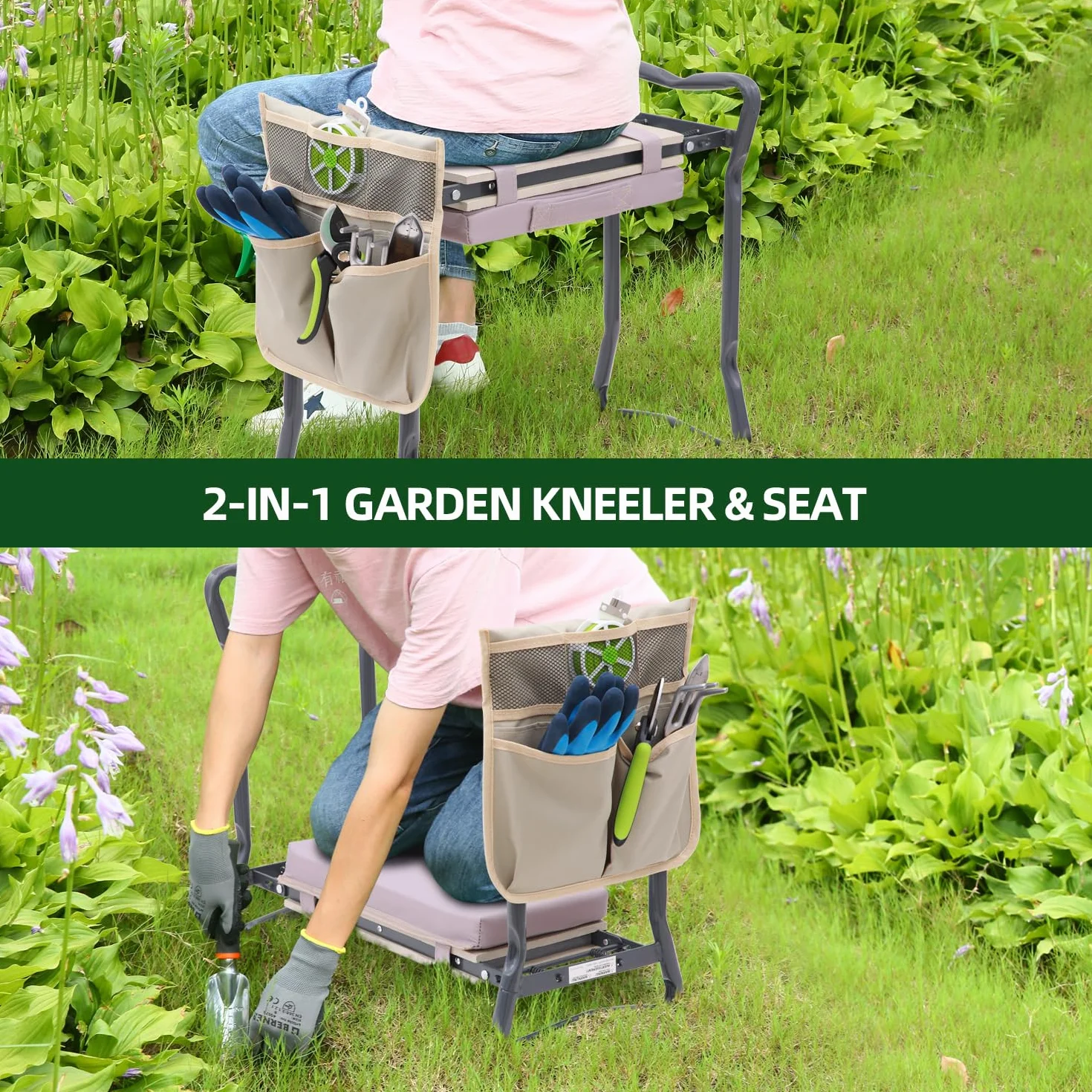 Ohuhu Taburete de jardinería plegable 2 en 1 mejorado con almohadilla suave desmontable, banco de jardín resistente con bolsa de herramientas grande y bolsa, regalos para mujeres, hombres, personas
