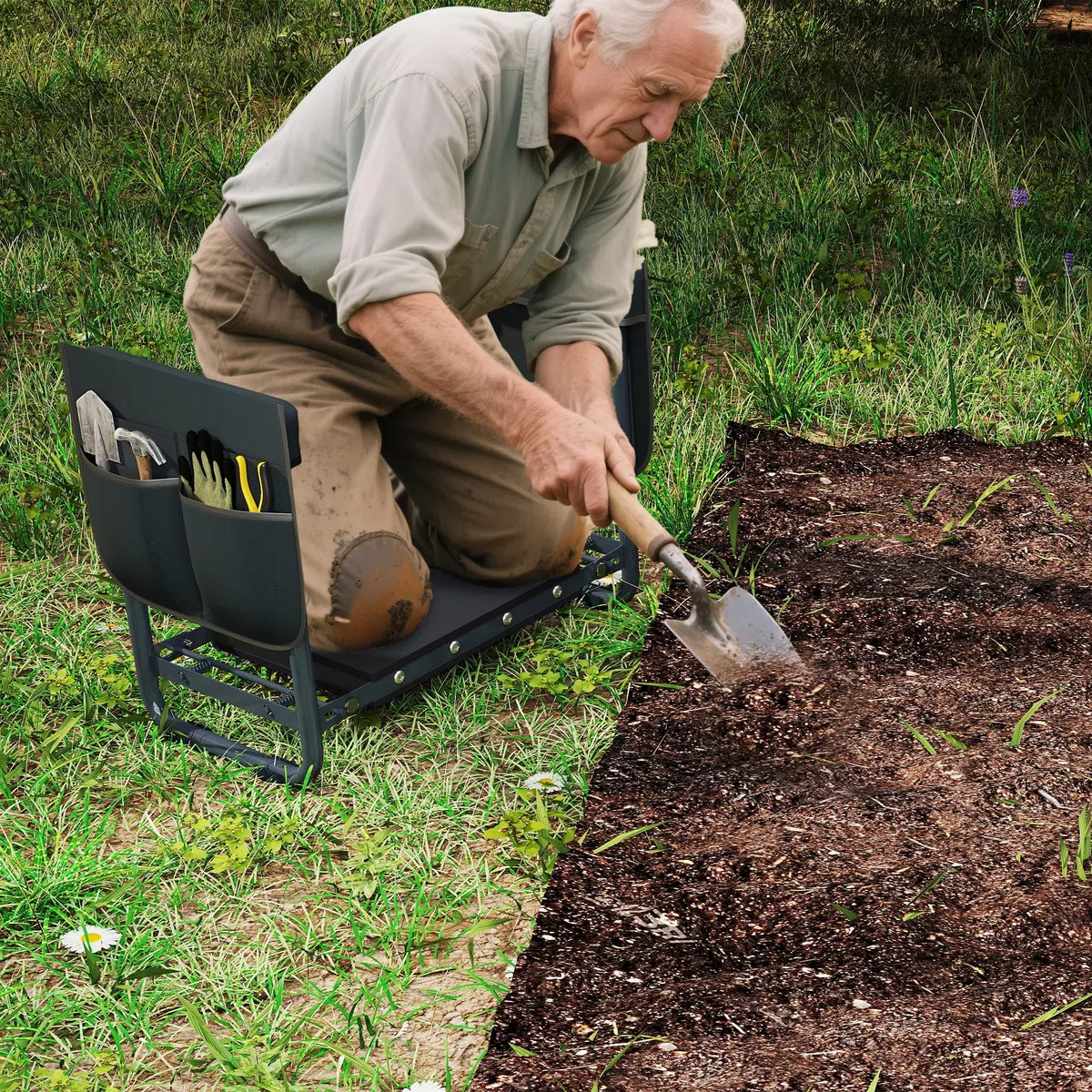 UISEBRT Taburete de jardín plegable – Banco de trabajo de jardín, silla de trabajo de jardín, asiento de trabajo, banco de trabajo con cojín de espuma y bolsa de herramientas de hasta 180 kg