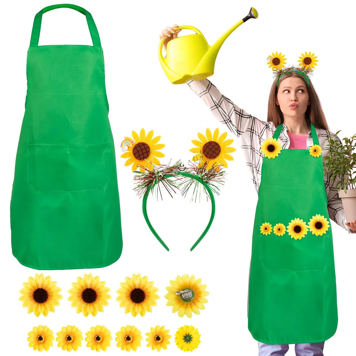 Juegos 3pcs Disfraz Jardinera Mujer, Delantal Verde Mujer con Girasol, Clips de Flor de Girasol, Diadema de Girasol Verde Fiesta Carnaval San Patricio Cosplay Regalo Jardinera, Delantal+Diadema+Clips