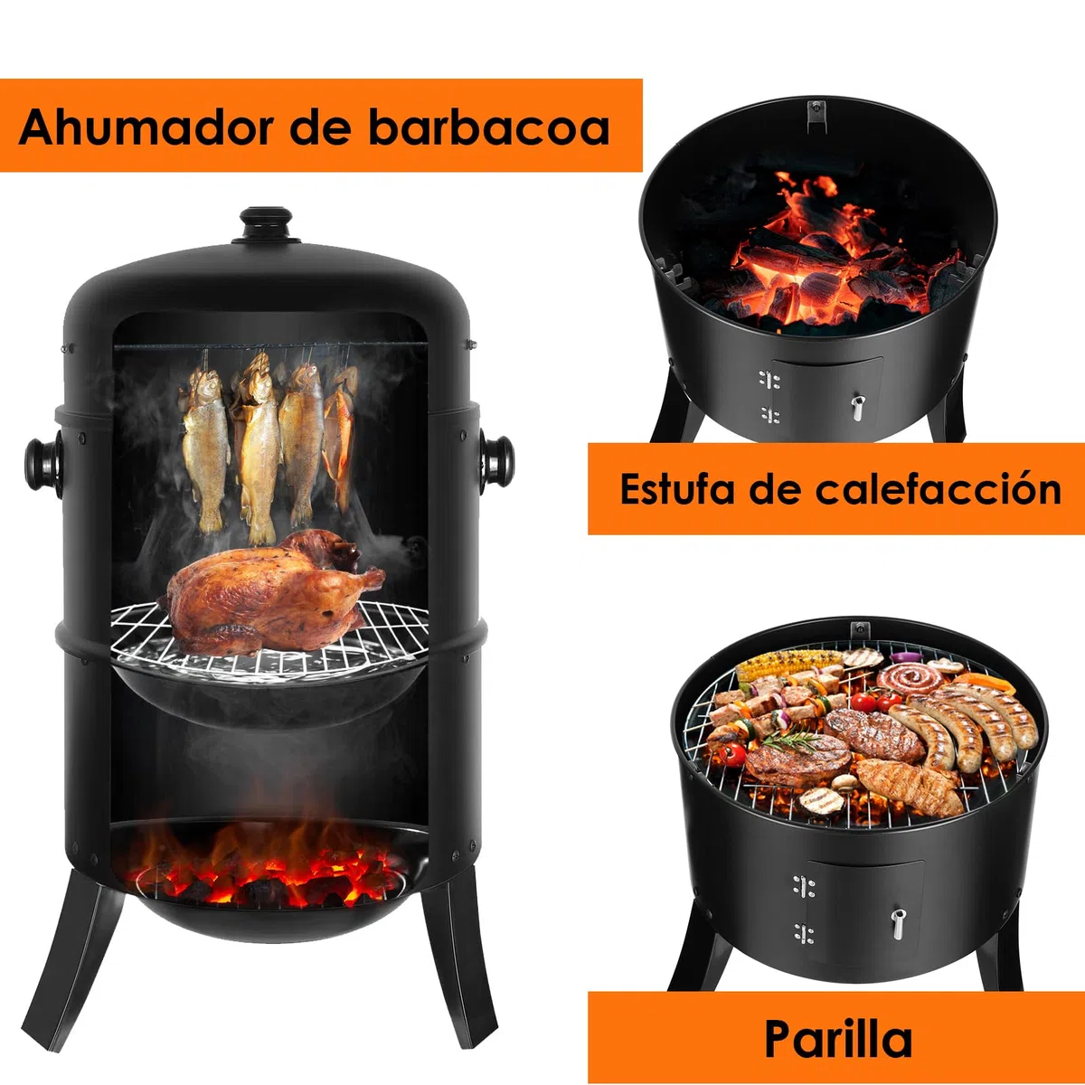 Barbacoa Ahumador, Barril y Horno Para Ahumar, 3 en 1 Barbacoa Smoker, Parrilla con Termómetro Integrado y Enganchados, Para Ahumar, Asar a la Parrilla y Cocinar
