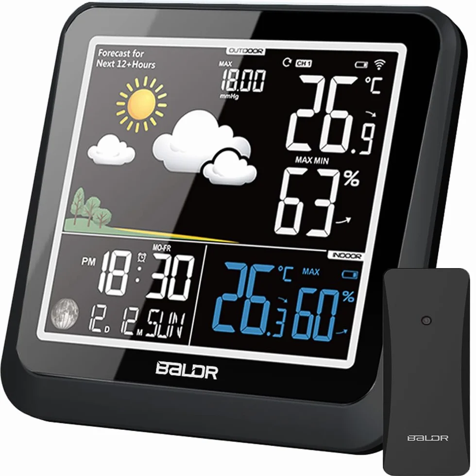 Estación Meteorológica Inalámbrica con Termómetro para Interior y Exterior, Pantalla Digital VA con Sensor Remoto, con Pronóstico del Tiempo, Temperatura, Humedad, Reloj Atómico y Fases Lunares