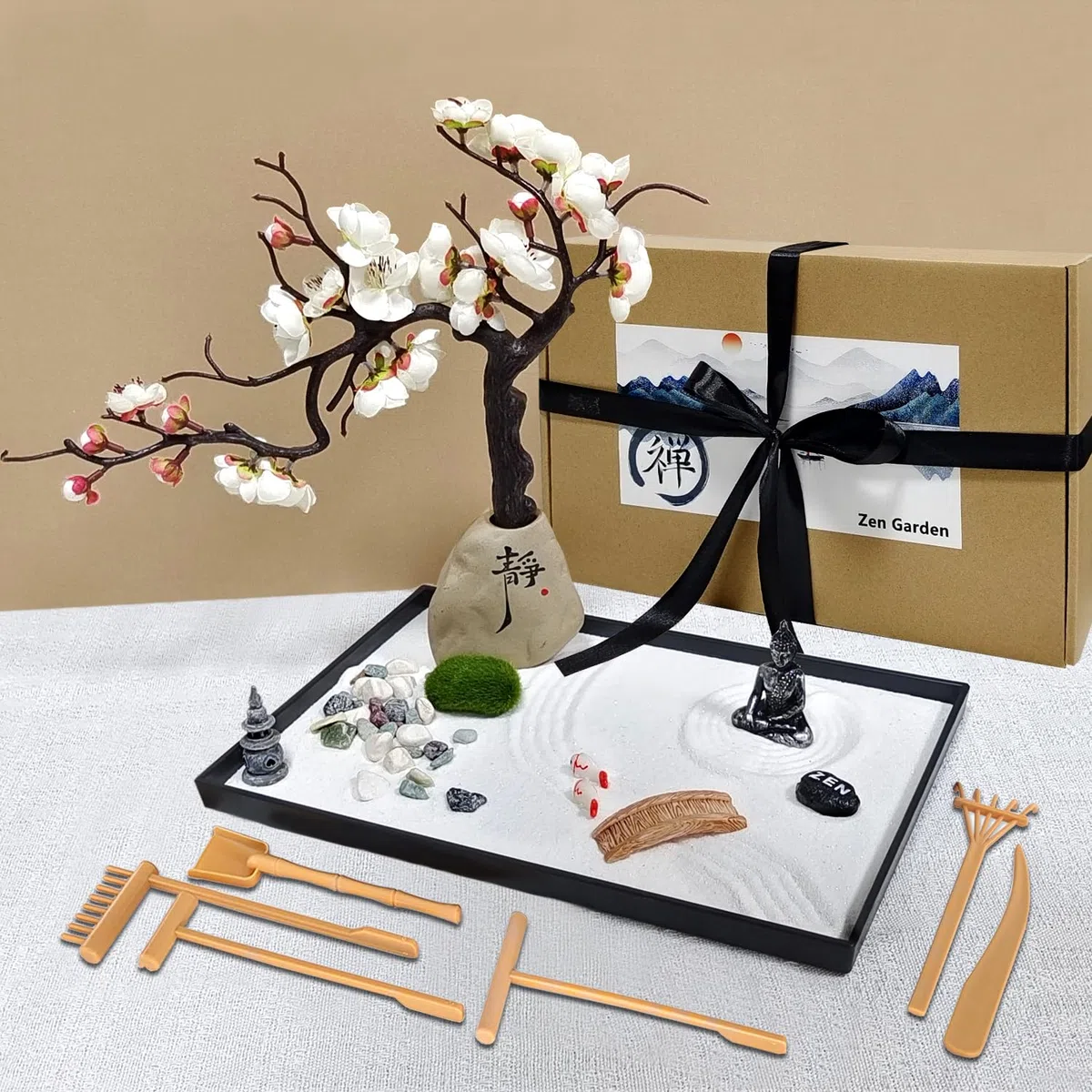 Kit de jardín zen japonés, mini decoración del hogar de jardín zen, arena zen, mini adorno de roca de arena, accesorios de meditación y regalo, adornos de jardín japoneses