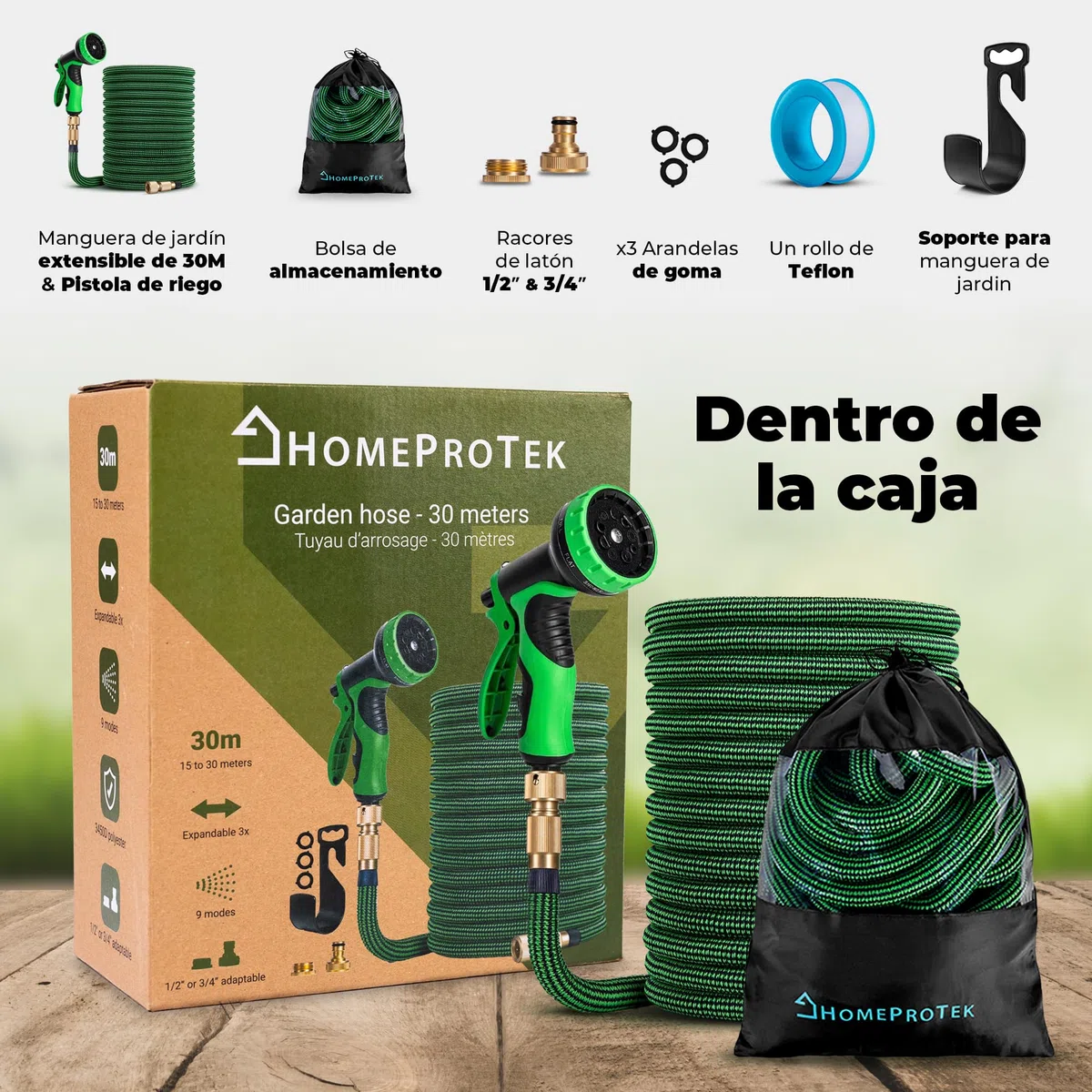HOMEPROTEK - Manguera Extensible 30 metros - Manguera Jardin con Pistola Riego de 9 Funciones - Manguera Jardin Enrollable para Riego de Jardin con Conectores de Latón de 1/2" y 3/4" Garden Hose