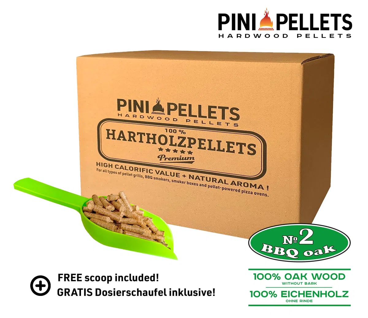 PINI Grillpellets 15 kg - Pellets de madera 100% roble No2 para asar, ahumar, también para hornos de Pizza operados con pellets