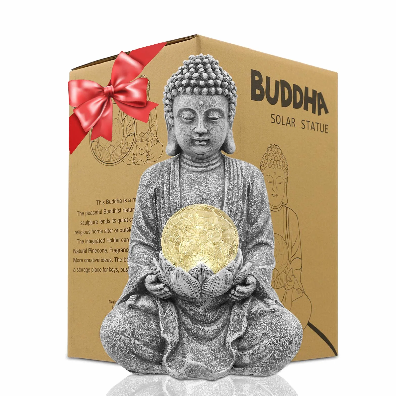 Yeomoo Figura de Buda de meditación para exteriores, decoración de jardín Zen Buda grande con lámpara solar, bola de cristal, figuras de regalo para mamá/mujeres, decoración japonesa para balcón