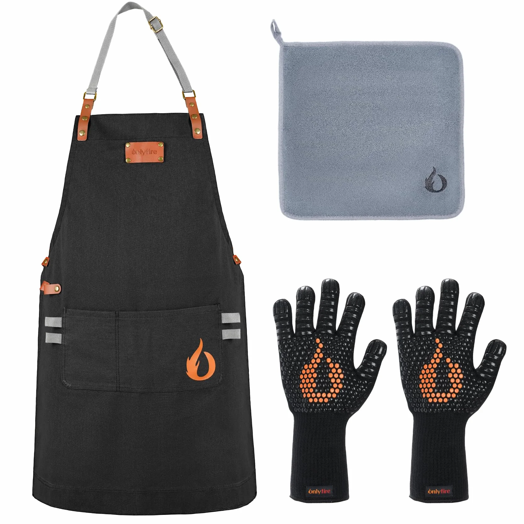 onlyfire Juego de Utensilios para Barbacoa de 3 Piezas, Contiene Delantal de Barbacoa Ajustable Con 2 Bolsillos, Guantes Barbacoa Resistentes y Paño de Microfibra, Kit de Accesorios para Cocinar