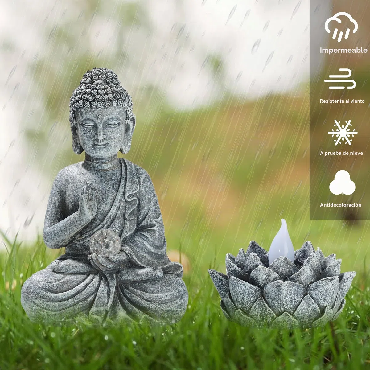 TERESA'S COLECTIONS - Decoración de jardín al Aire Libre Buda con Loto Solar, Juego de 2 Adornos de Buda meditando Luces solares para Exteriores, Decoraciones para el jardín, Regalo para Mujer