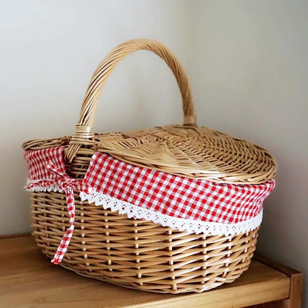 Cesta de Picnic Shenruifa - Cesta de Picnic de Mimbre Estilo Campestre - Cesta de Camping con Asa de Tapa y Forros para Picnics Fiesta Barbacoa - Marrón - 26*18*15 cm