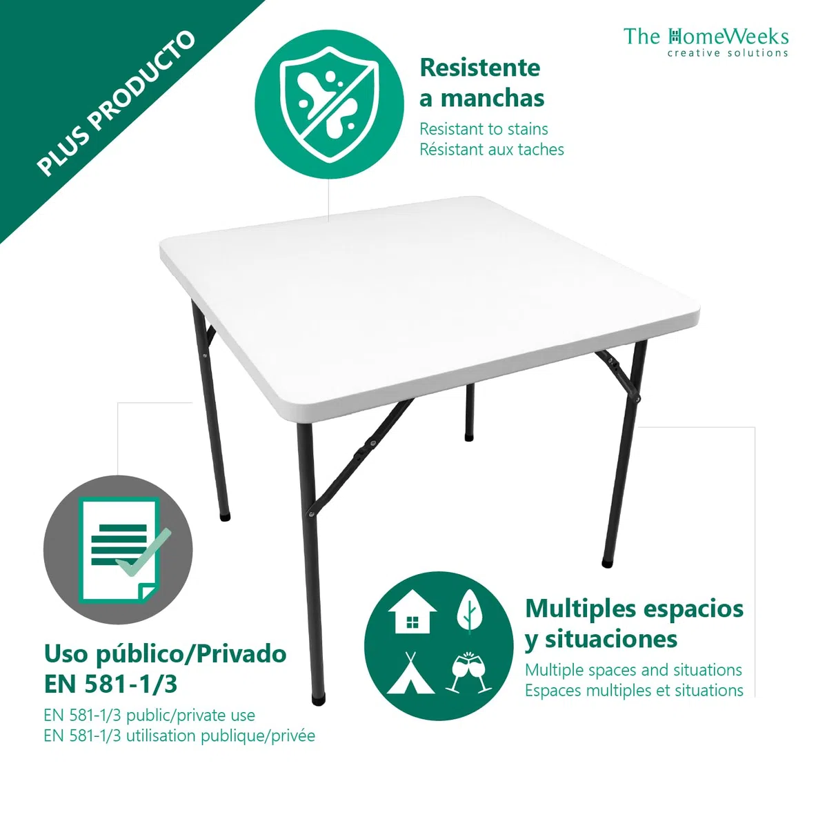 The Homeweeks Mesa plegable "SOLID SQUARE" 86*86*74cm | Portátil Multifuncional | Normativa Uso Público Interior/Exterior | EN 581-1/3 | Tablero Resina HDPE 3,8cm |4 Personas Carga 120 kg | Multiusos