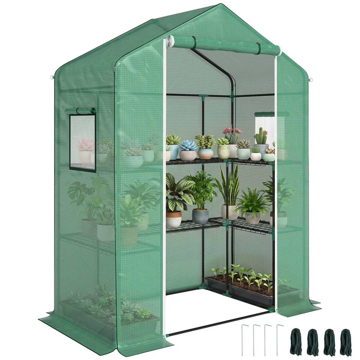 Outsunny Invernadero de Exterior de 3 Niveles Invernadero de Jardín con Puerta Enrollable 2 Ventanas Estantes en Forma de U para Cultivo de Plantas en Terraza Patio 140x73x190 cm Verde