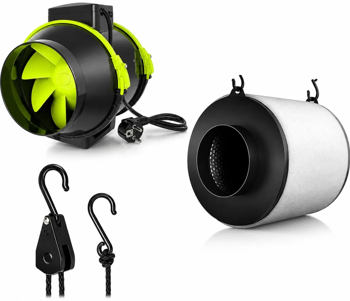 Kit de extracción Garden Pro. Motor eficiente de bajo Nivel sonoro con Filtro eficaz. Compuesto por TT125ø 250m3/h + Proactiv 125ø 280m3/h + Poleas 2 und Lightanger 5kg
