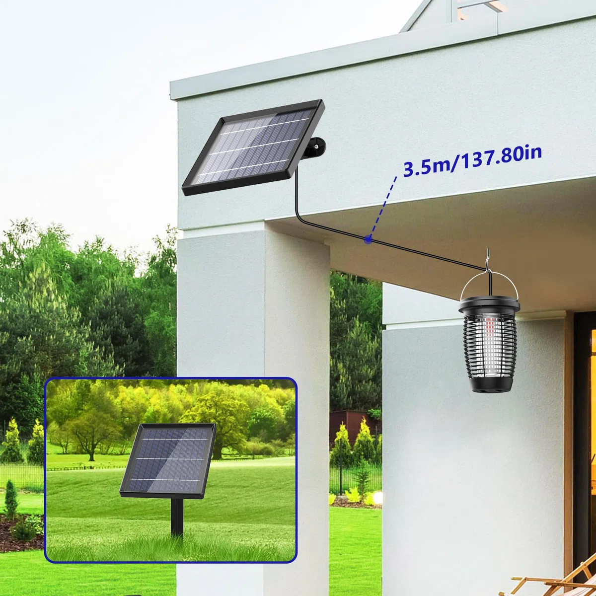 PALONE Lampara Antimosquitos Solar Type-C 4500v con Cable De 3,5 M, Antimosquitos Electrico Panel Solar de 5,5 W, Adecuado para Acampar y para Interiores y Exteriores