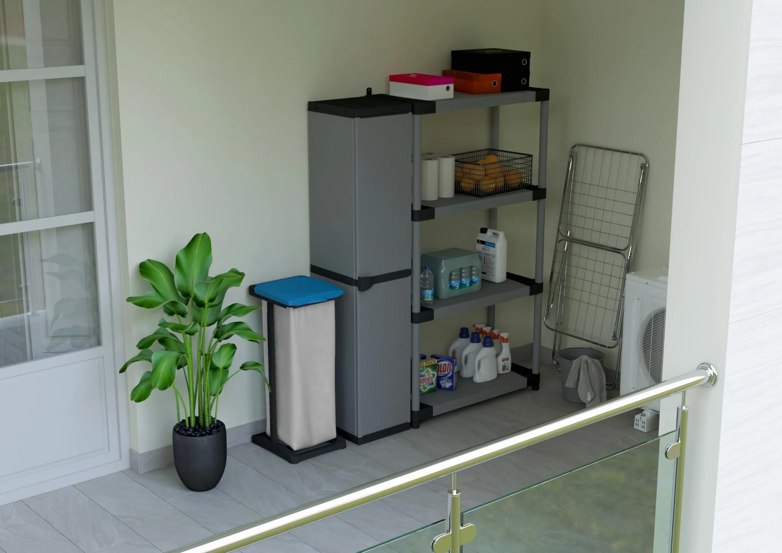 Adventa: Armario de Resina de PVC y PP, 1 Puerta, 3 estantes, fácil de Montar, Modular System, Resistente, Apto para ambientes Interiores y Exteriores, 34 x 40 x 165 cm, Gris y Negro