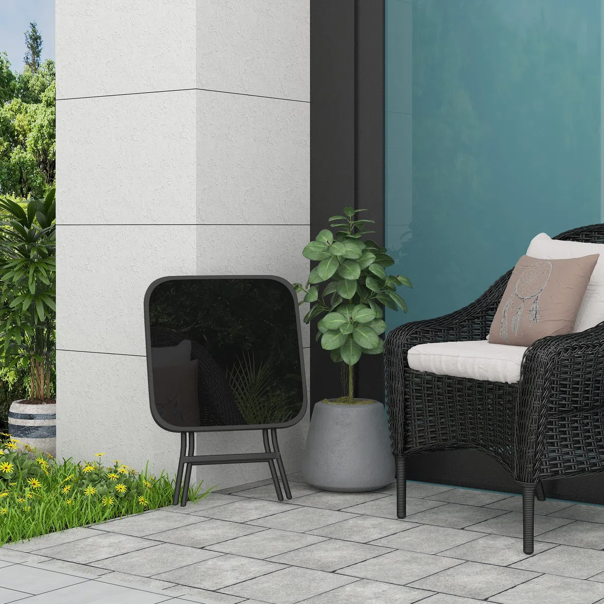 eSituro Mesa Auxiliar Plegable, Mesita de Jardin, Mesa Plegable Exterior Pequeña para Terraza, Balcón y Patio, Metal Tablero de Cristal, Cuadrada Negro 46x46x48cm