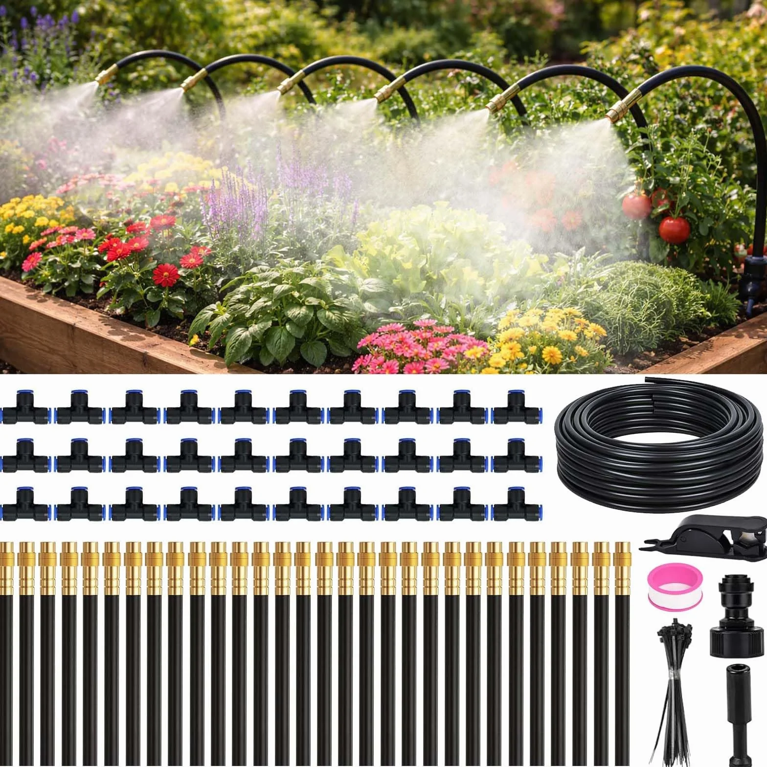 Sistema de Riego Jardín, 30M Kit Nebulizador por Goteo Automatico, Sistema Riego Automático con Ajustable Boquilla Aspersor Pulverizador, Sistema de Riego por Goteo para Jardin Invernadero