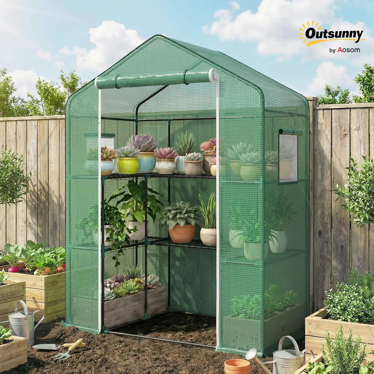 Outsunny Invernadero de Exterior de 3 Niveles Invernadero de Jardín con Puerta Enrollable 2 Ventanas Estantes en Forma de U para Cultivo de Plantas en Terraza Patio 140x73x190 cm Verde