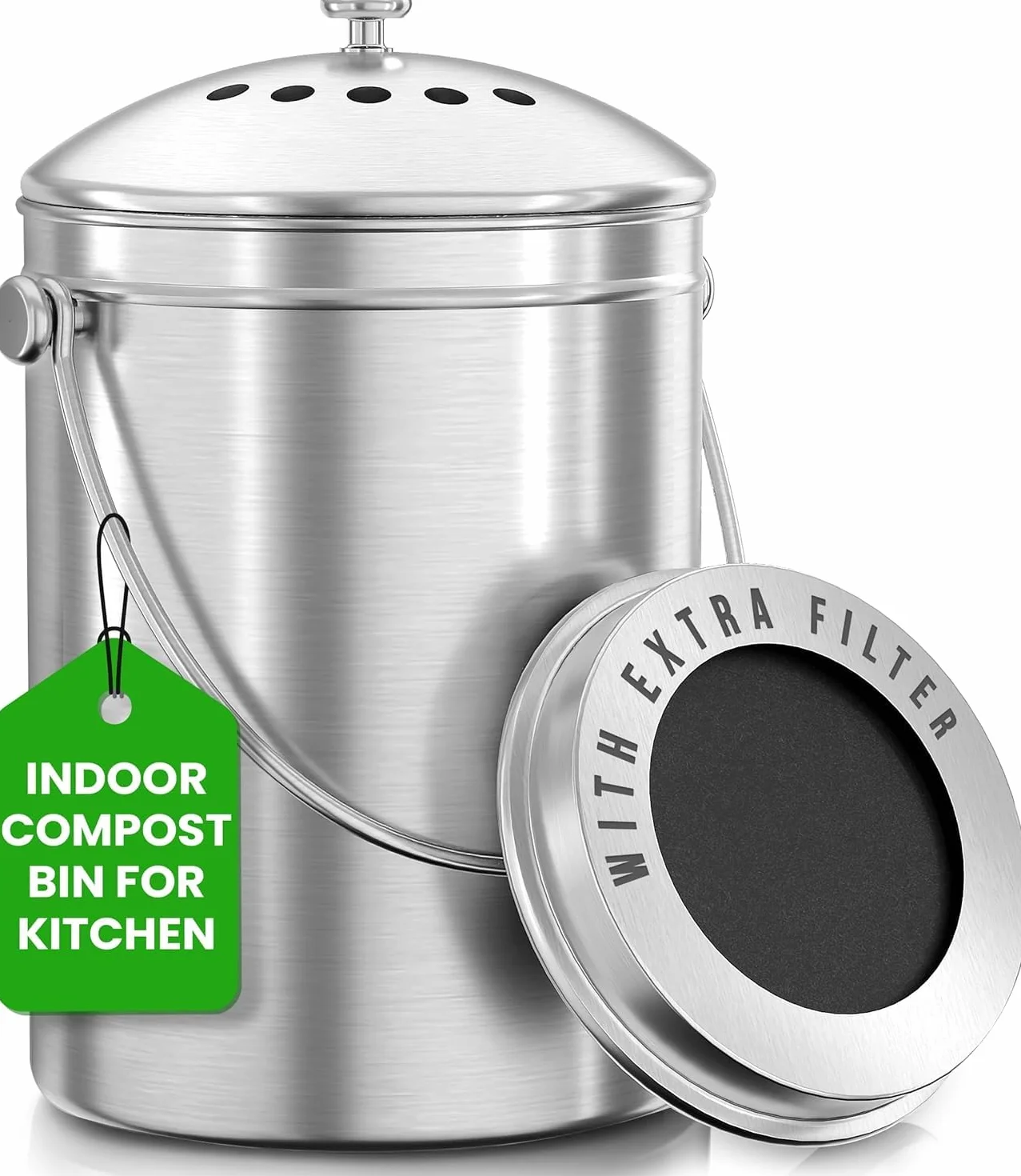 Acero Inoxidable Recipiente de Compost para hogar, 1.3 galones(5L) - por Utopia Kitchen