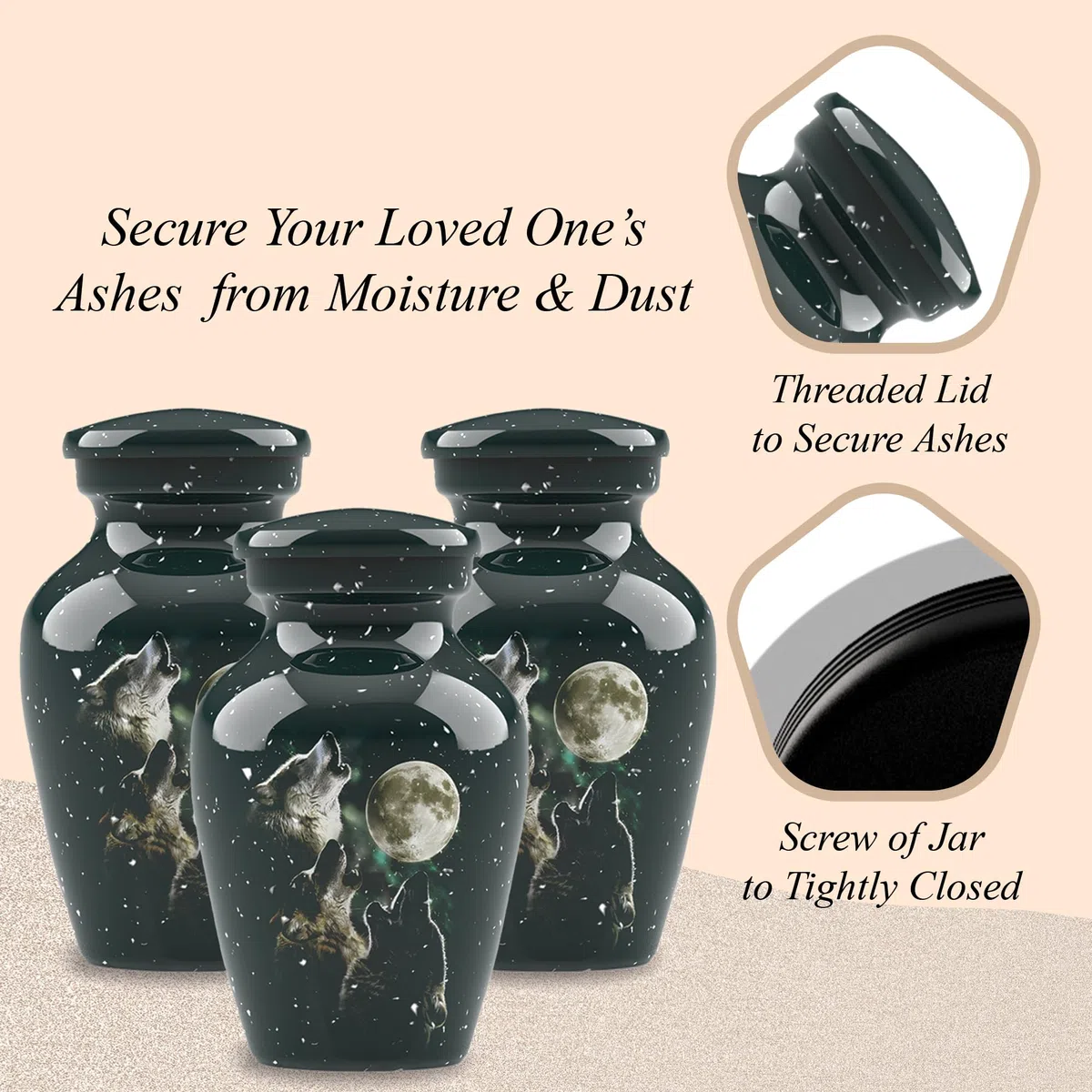 Forever Urnas de cremación para cenizas, urna clásica de cremación de 3 lobos para cenizas humanas, completamente hecha a mano con caja de protección de terciopelo (juego de 3 recuerdos)