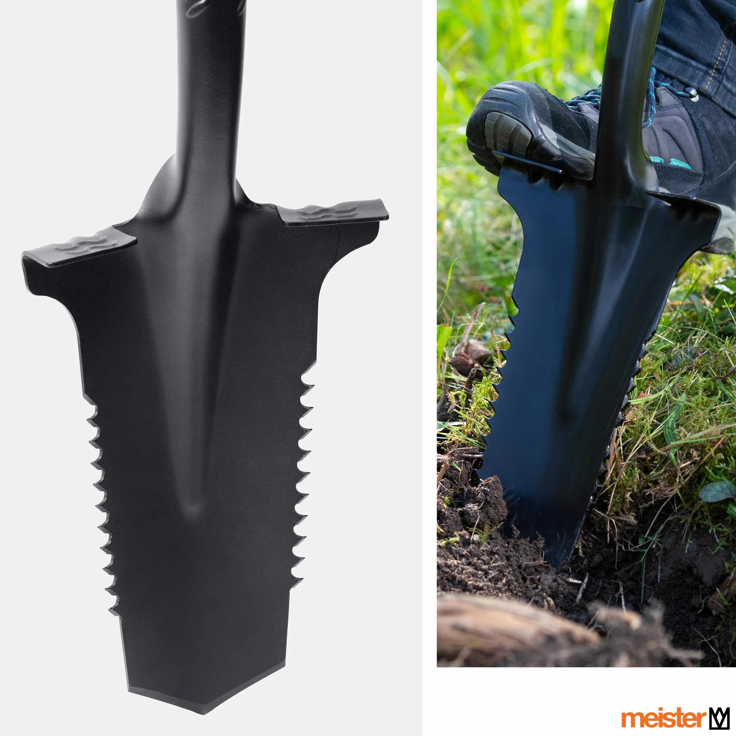 Meister 9872240 - Pala con sierra de raíz para raíces de hasta 3 cm - 195 mm de ancho de trabajo - Mango ergonómico en D - para jardín, construcción y mantenimiento de paisaje/pala de raíz para jardín