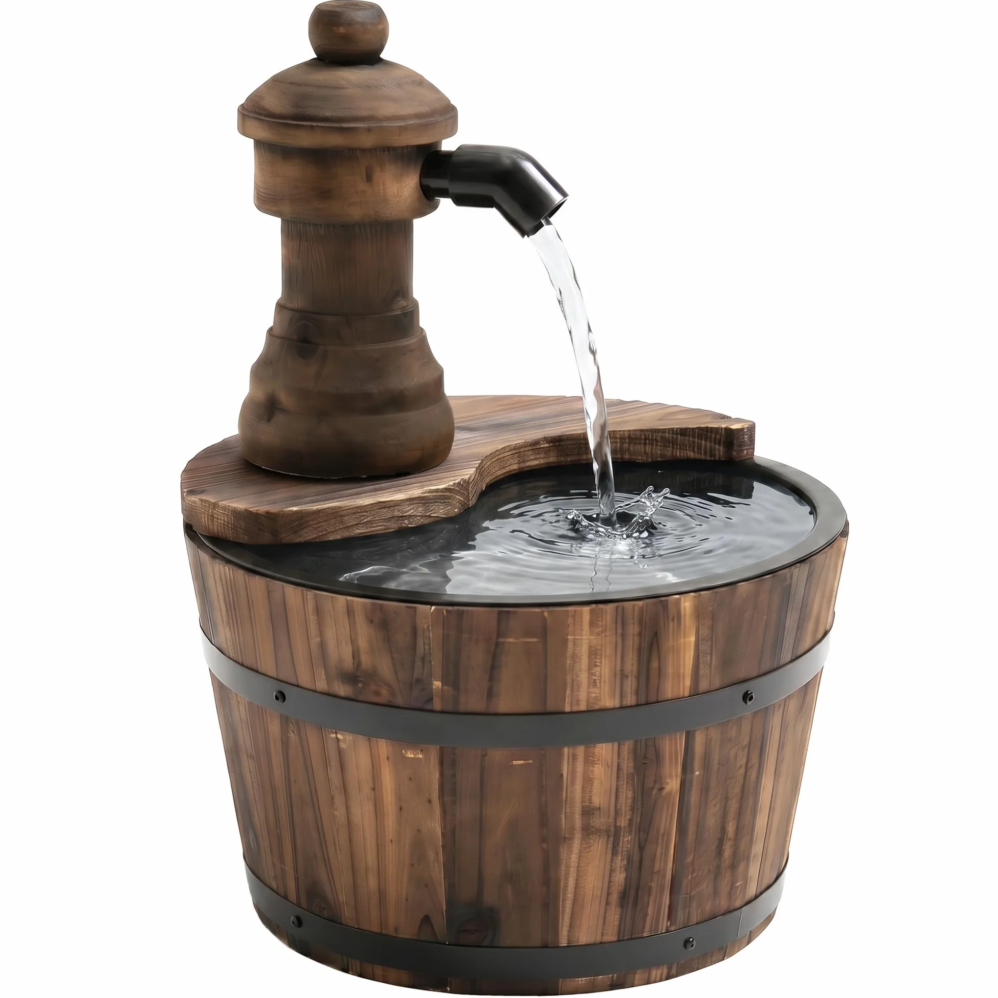 Outsunny Fuente de Agua de Madera Fuente de Jardín en Cascada con Bomba Eléctrica y Salida de Agua Ajustable para Decoración Patio Terraza 27x27x37 cm Natural