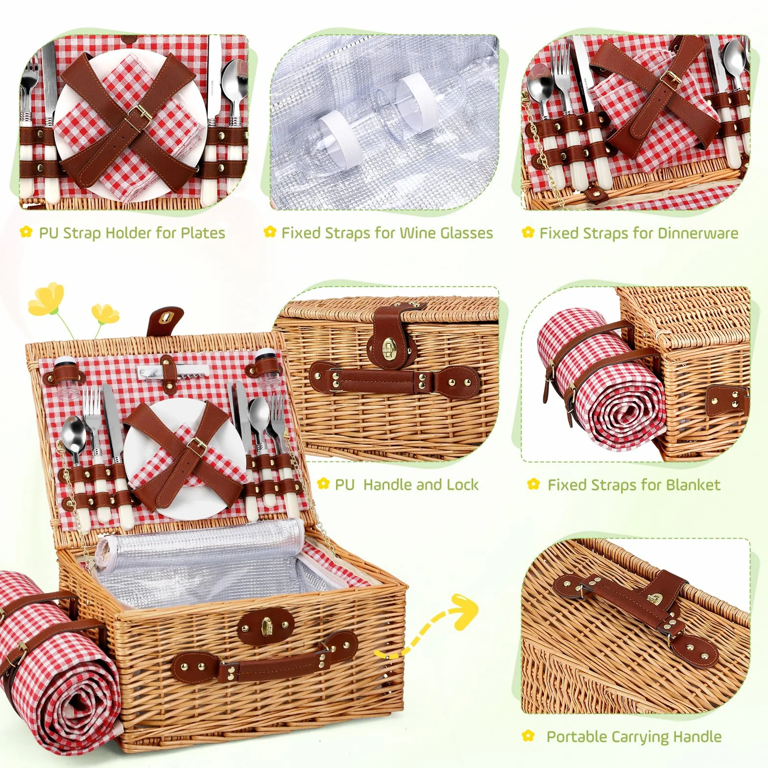 Cesta de Picnic Mimbre para 4 Personas, Cesta Trenzada a Mano con Aislamiento Integrado y Manta Impermeable – Set Completo con 4 Cubiertos, Platos, Vasos para Camping Playa jardín