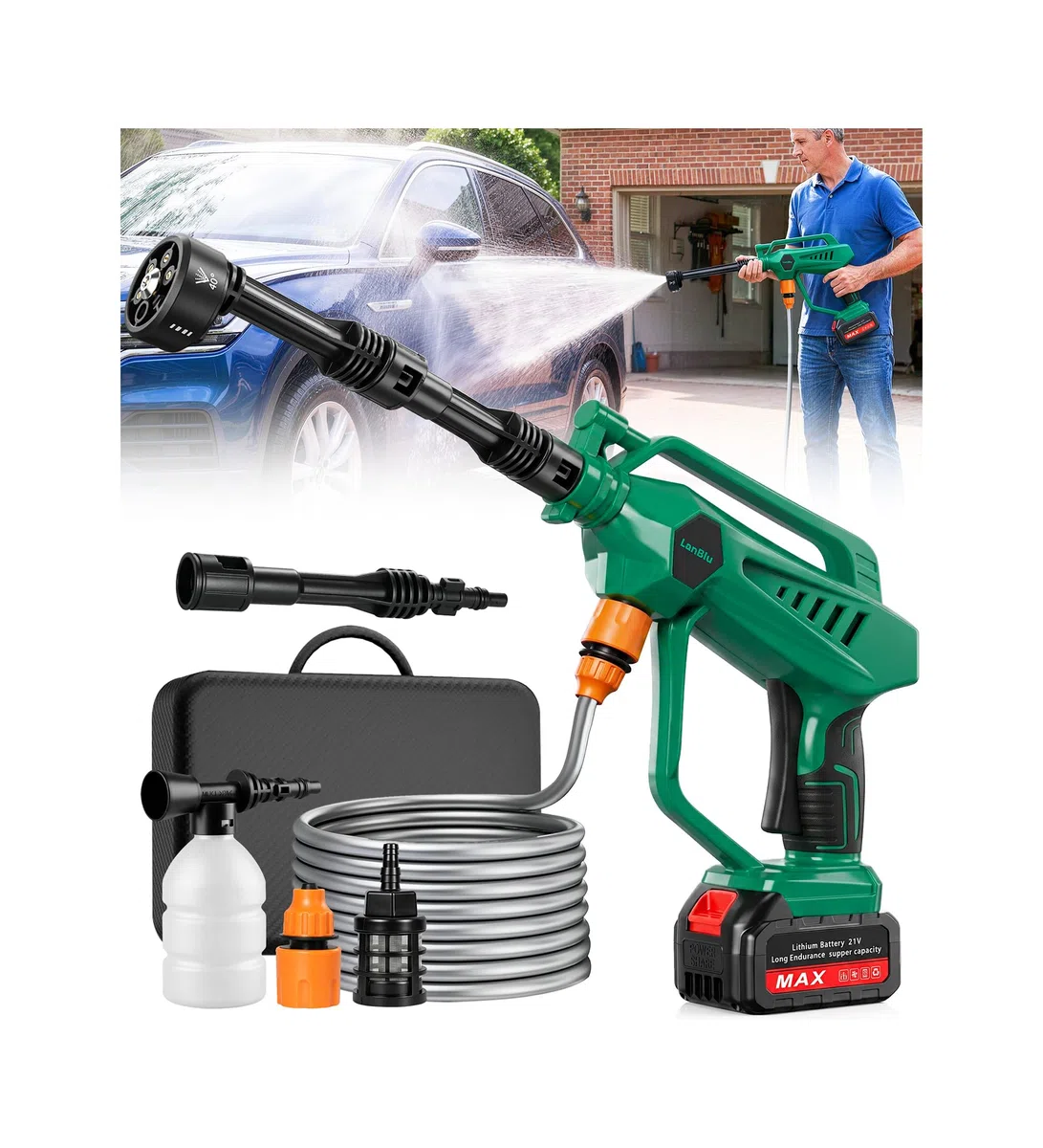 LanBlu Hidrolimpiadora Bateria de Alta Presion, Pistola de Agua a Presión Portátil con Boquilla Ajustable 6 en 1, Limpiadora Agua Presión para Coche, Pistola Hidrolimpiadora Sin Cable