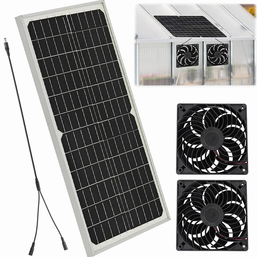 Ventilador Solar, 16W Kit De Ventilador De Panel Solar, Ventilador De Escape De Doble Ventilador, Solar Powered Fan Resistente a la Intemperie para Invernadero, Casa De Pollo