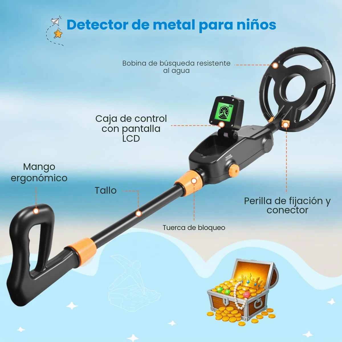 Detector de Metales Niños, Detector de Alta Precisión Metales con Pantalla LCD, Detector de Metales Muy Sensible con Bobina de Investigación Impermeable para Niños Exploración