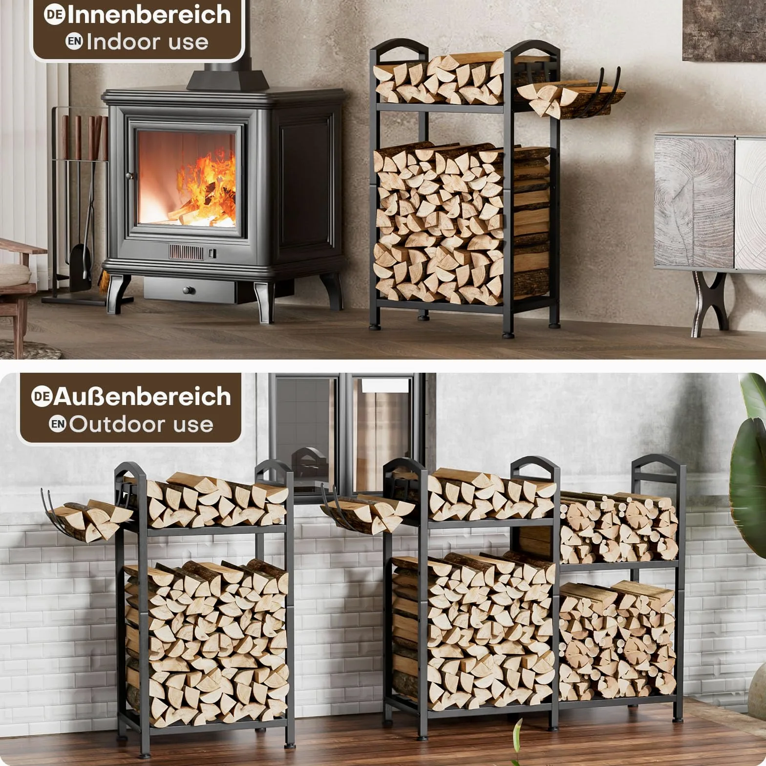 Yorbay Estantería para leña interior de metal pequeña: estante de doble capa con ganchos y bolsa para leña de chimenea - Negro Estante de madera robusto para chimenea - almacenamiento exterior de leña