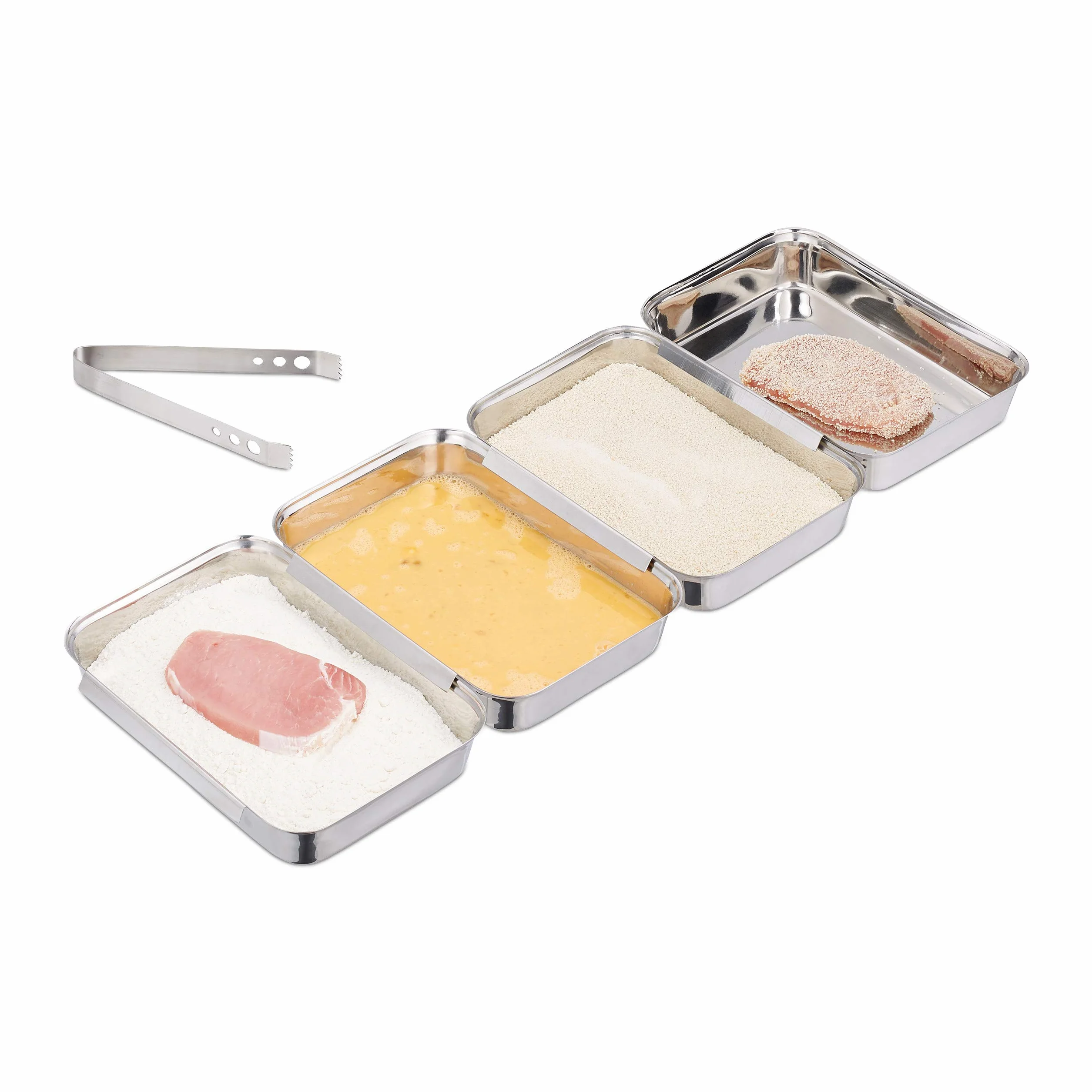Relaxdays Set para empanar, Cuatro bandejas de rebozar, Pinzas de cocina, Apilables, Apto para lavavajillas, Plateado