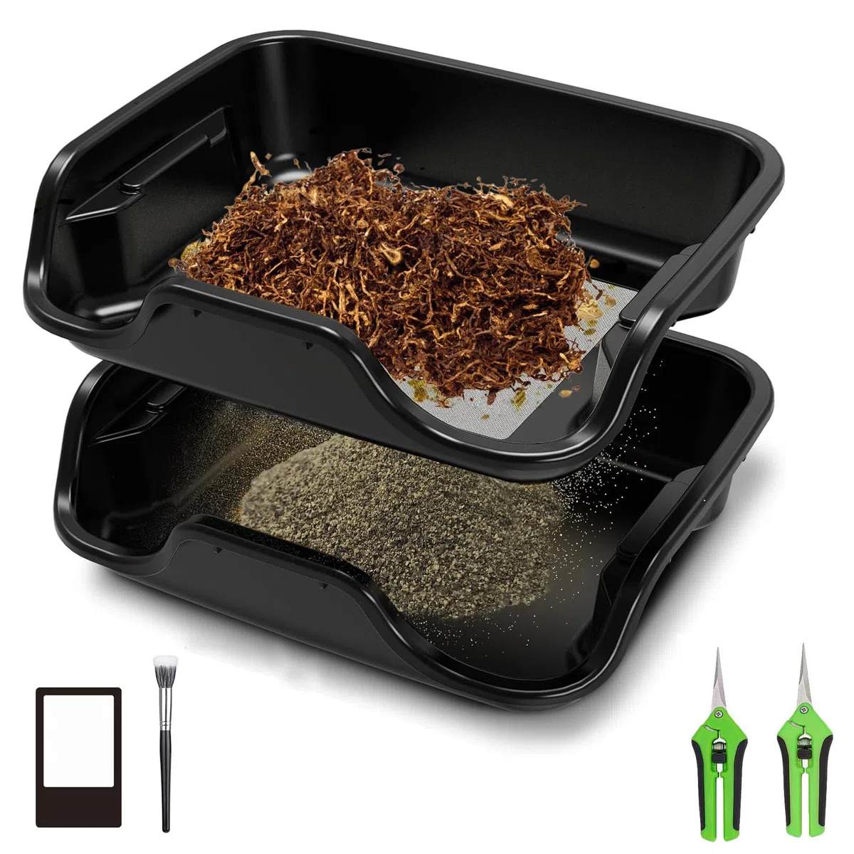 Juego de bandeja de corte premium con colador de polen de 150 micras, bandeja ergonómica y bandeja de recorte, incluye 2 tijeras, lupa y cepillo, bandeja para recortar polen y hierbas, cuenco de
