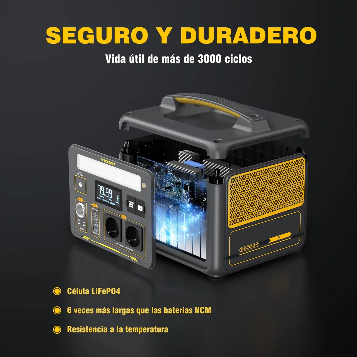 VTOMAN Jump 600X Estación de Energía Portátil con Cable de Arranque, 600W Generador Solar LFP Batería, 2 Salidas CC Ajustable a 12V/10A, 299Wh Capacidad Ampliable a 939Wh para Acampadas y Emergencias