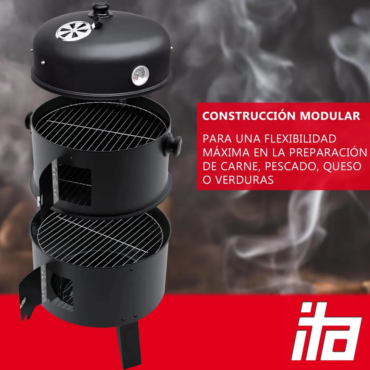 ITA Parrilla Ahumador 3 en 1 Multifuncional - Asar, Ahumar, Cocinar - Parrilla de Carbón Modular con Termómetro y Regulador de Aire en Tapa - Barril Ahumador