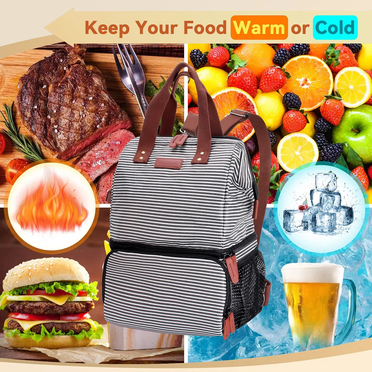 Mochila Nevera de Refrigeración, 20L Doble Capas Mochila Térmica Bolsa Porta Alimentos, Grande Bolsa Térmica de Aislamiento Antifugas Bolsa Nevera para Playa Camping Viajes Trabajo Picnic - Raya