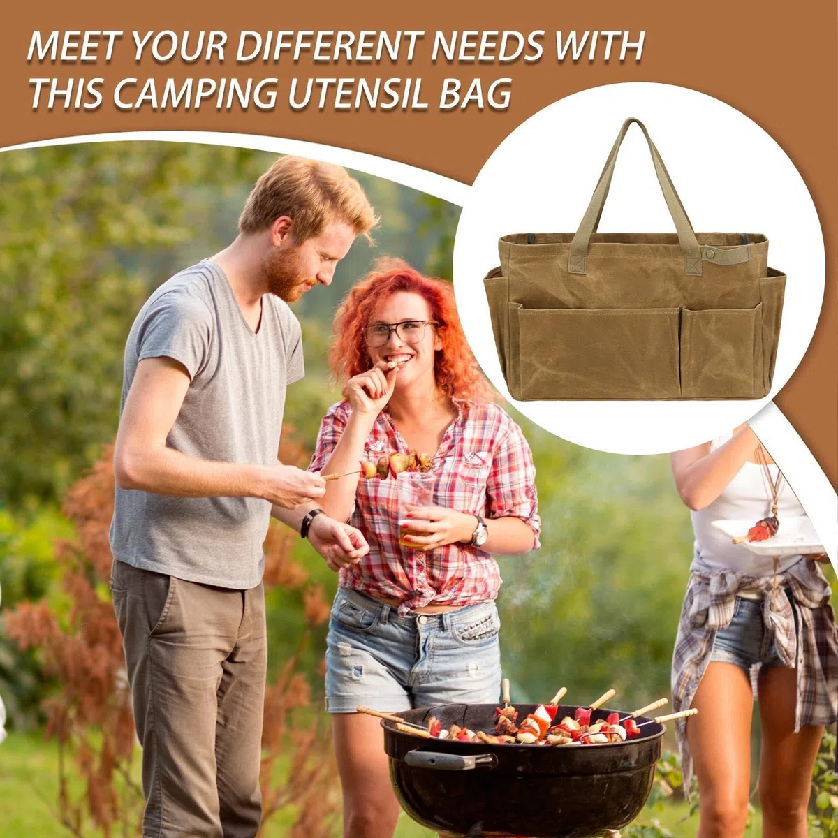 Genérico Camping Picnic Storage Bag, Waterproof Waxed Canvas Tote, Large Multifunctional Outdoor Bag for Camping for Cookware, Grilling, and Garden Tools 46x17.5x28cm